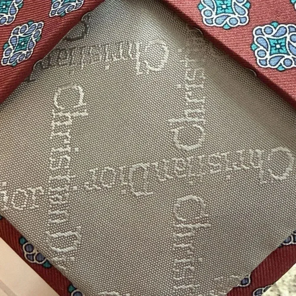 Christian Dior Silk Tie Red Blue Geometric Medallion Made USA Italy Classic 3.5
